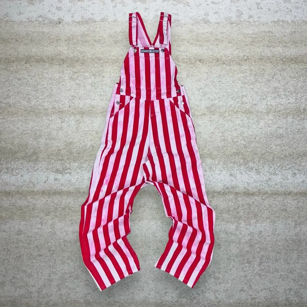 Vintage 90s Game Bibs Overalls Mens XS Baggy Fit Red White Striped Work Wear - Picture 1 of 3